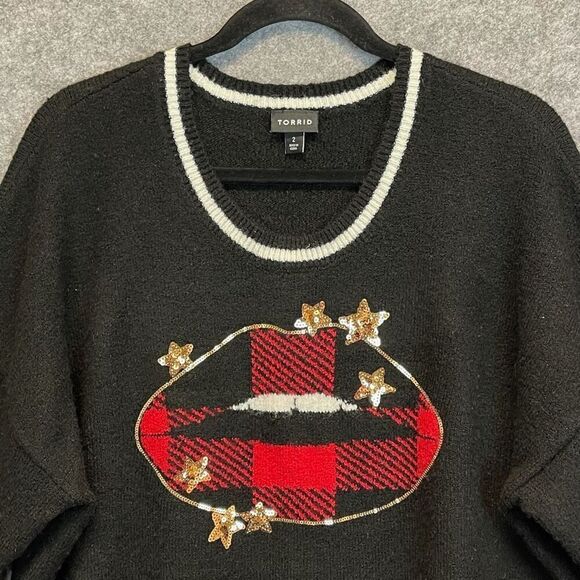 TORRID Sweater Size 2X Black Red Sequin Plaid Lips Crew Neck Pullover Festive - Picture 1 of 16